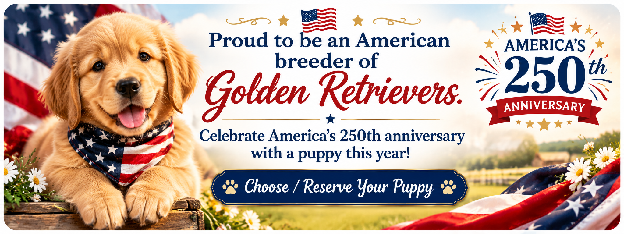 Proud to be an American breeder of Golden Retrievers. Celebrate America's 250th anniversary with a puppy this year!