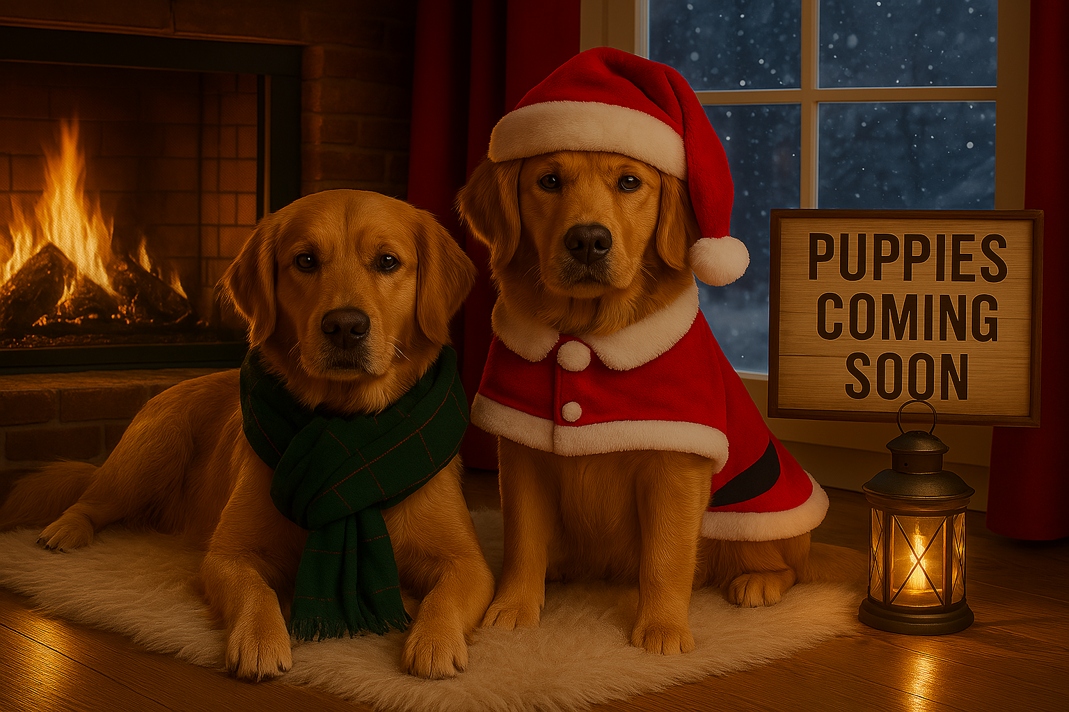 Mama Rosie & Papa Teddy in Christmas outfits near the fireplace